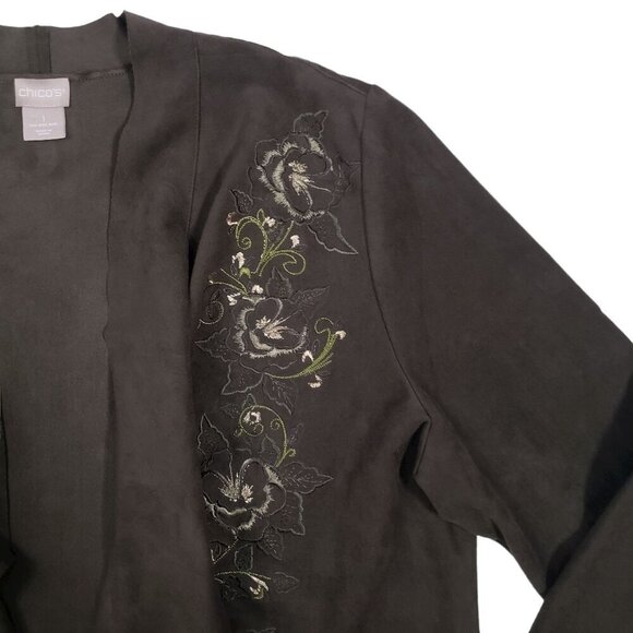 Chico’s Womens Faux Suede Drape Jacket Floral Embroidered Detail Green Size 8/10 - Picture 5 of 10
